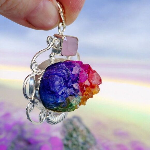 Rainbow Garnet ✦ Rose Quartz Pendant ✦ Sterling Silver Gem Cluster NWT - Picture 5 of 10